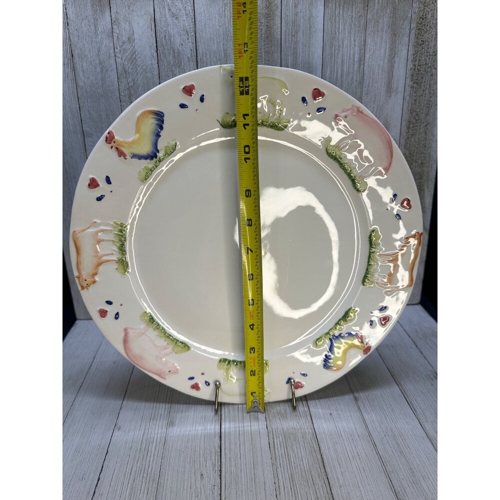 Vtg Stefani Farmhouse Animals Pig Rooster Cow 12.5" Dinner Plate Charger Set 2 - Picture 7 of 10